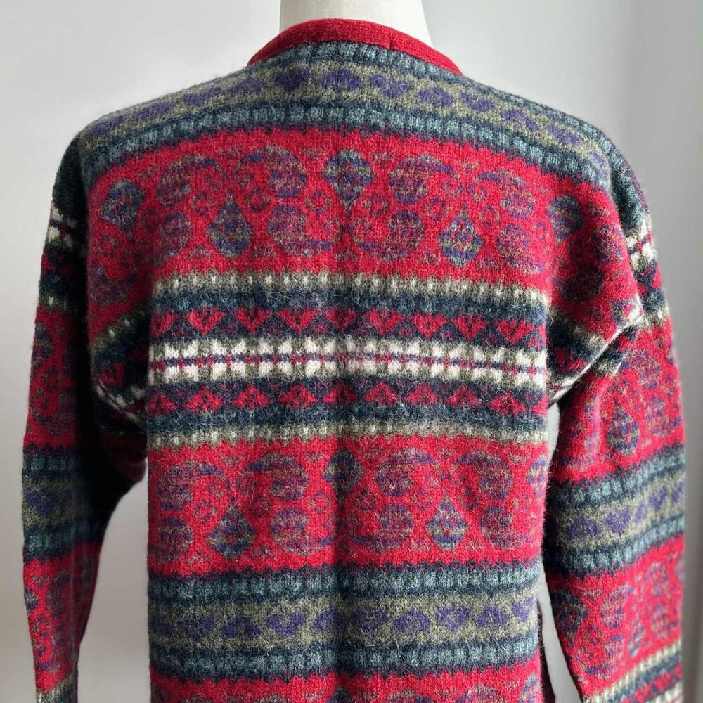 Vintage Simons Cerise & Multicolor Fair Isle Pure Shetland Wool Cardigan – US L - Picture 9 of 14